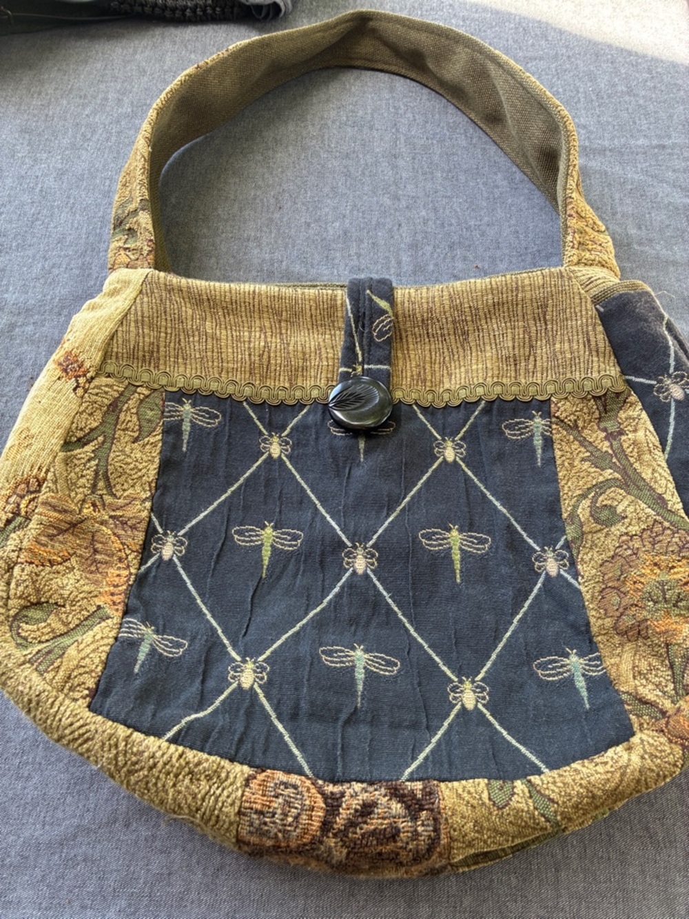 Boho Dragonfly Patchwork Shoulder Bag in Olive and Navy